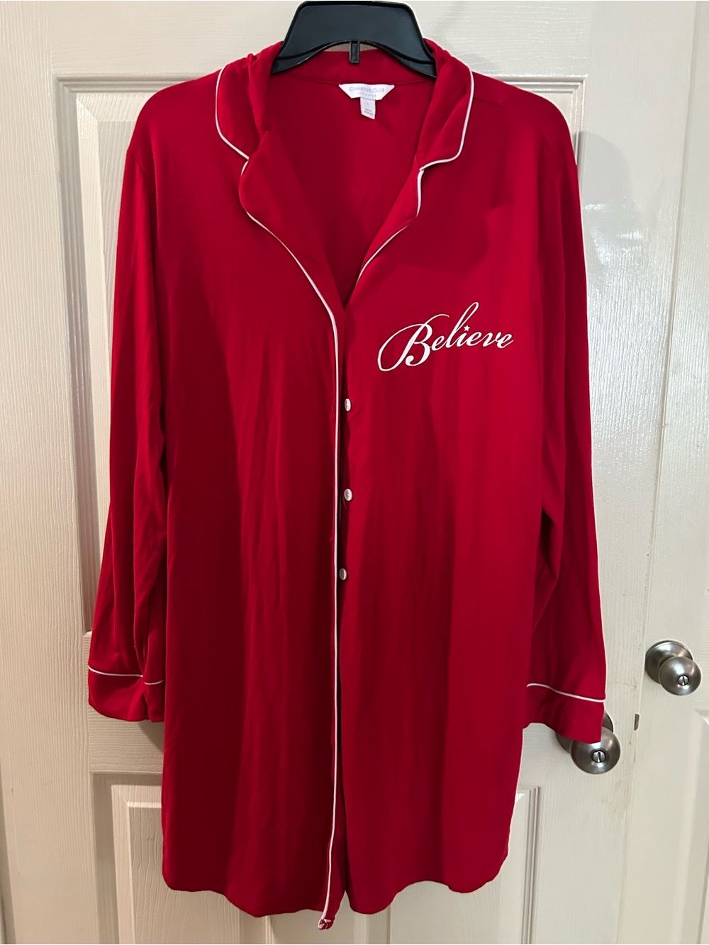 Charter Club Red Button-Front Pajama Shirt with White Piping